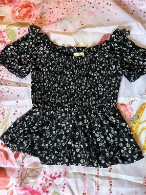 Black Floral Smocked Peplum Women's Top